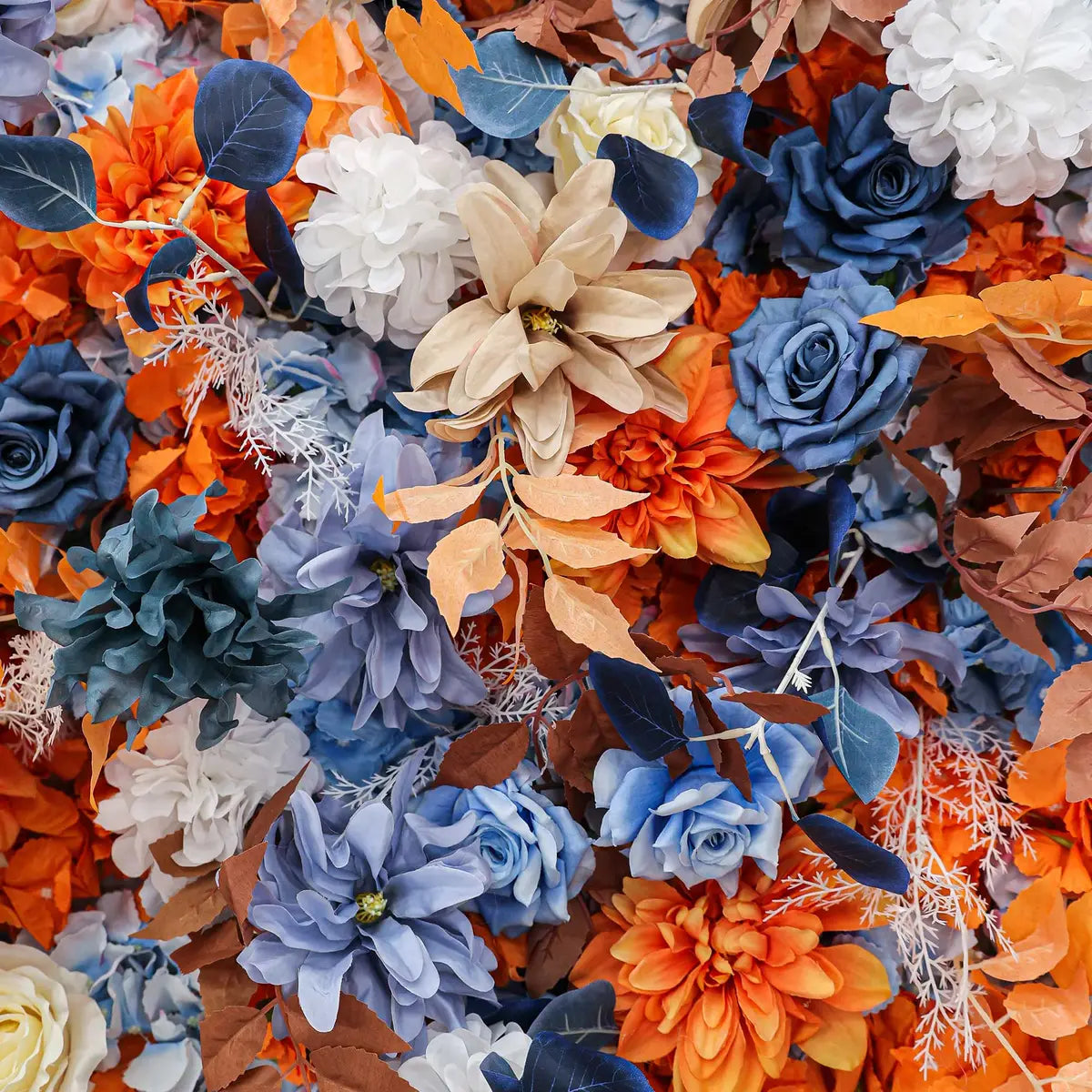 The orange blue flower wall detailed view highlights its vibrant, realistic shapes and fabric backing.