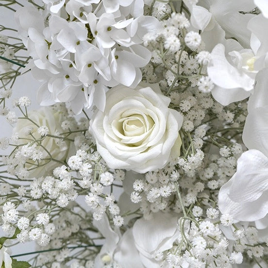 Vibrant colors give the white baby's breath flower arch detailed realism and beauty.