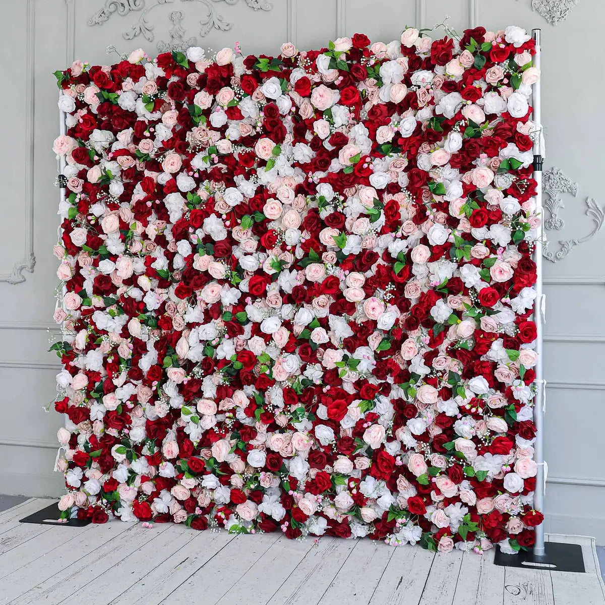 The 3D red & white rose flower wall side view is designed for realism and durability with a fabric backing.