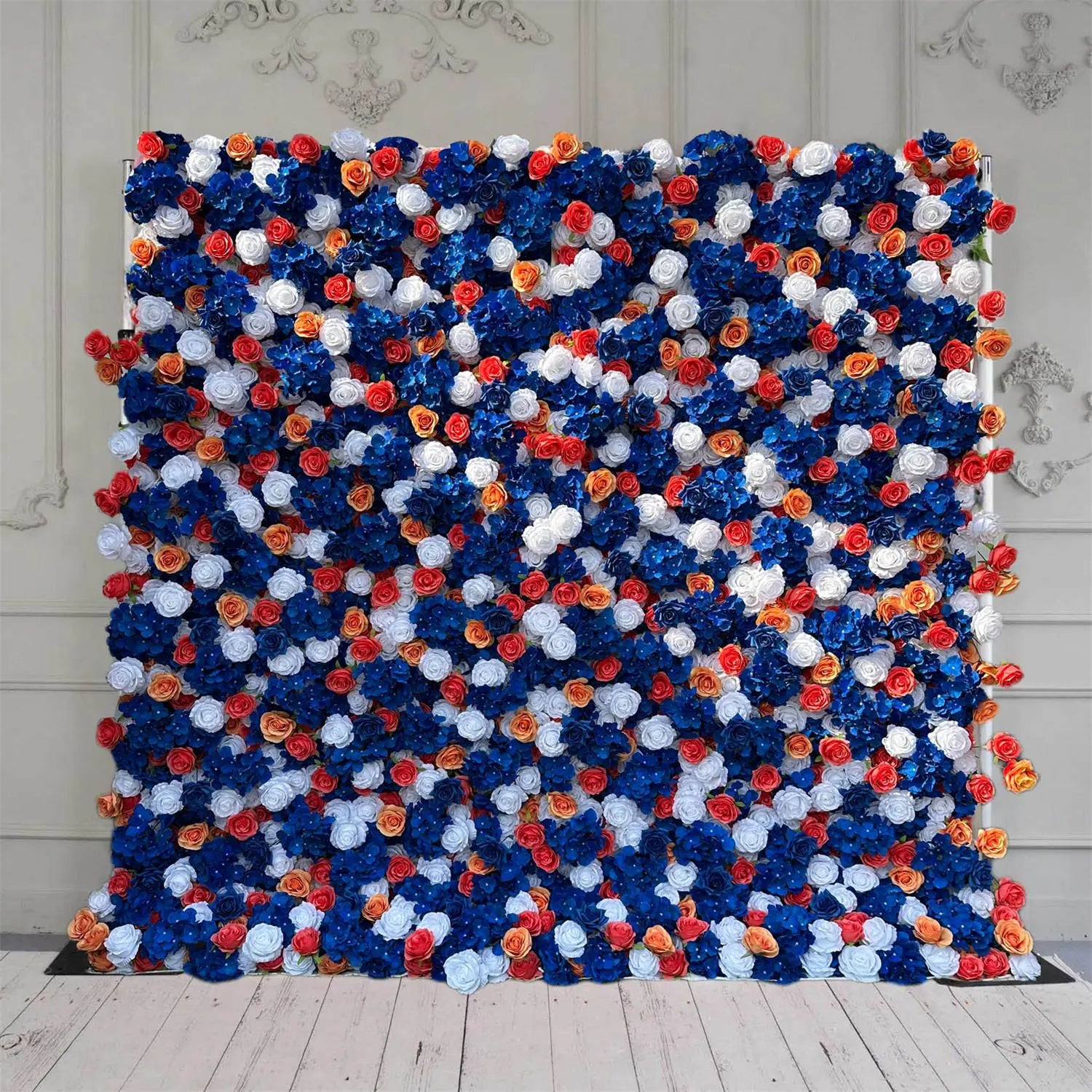 100% handmade, the blue white and orange flower wall provides a lifelike appearance and is easy to set up. 