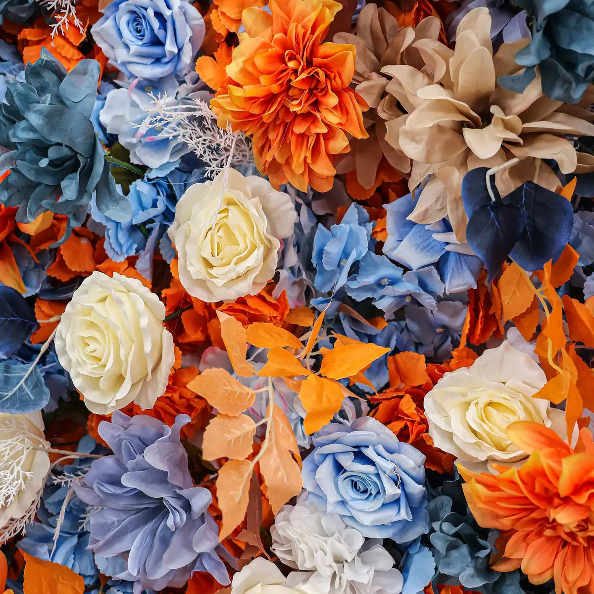 The orange blue flower wall detailed view highlights its vibrant, realistic shapes and fabric backing.