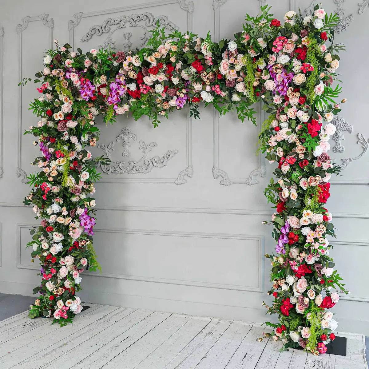 Fade-resistant and realistic, the 7D pink purple flower arch side view features a fabric backing.