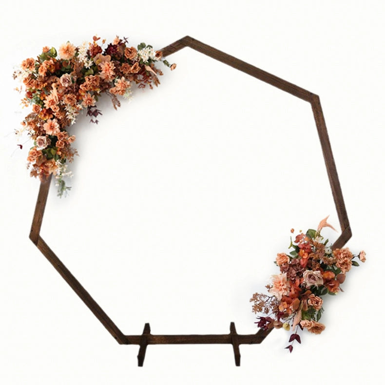 Heptagonal wooden arch, versatile for various occasions, with diverse designs.