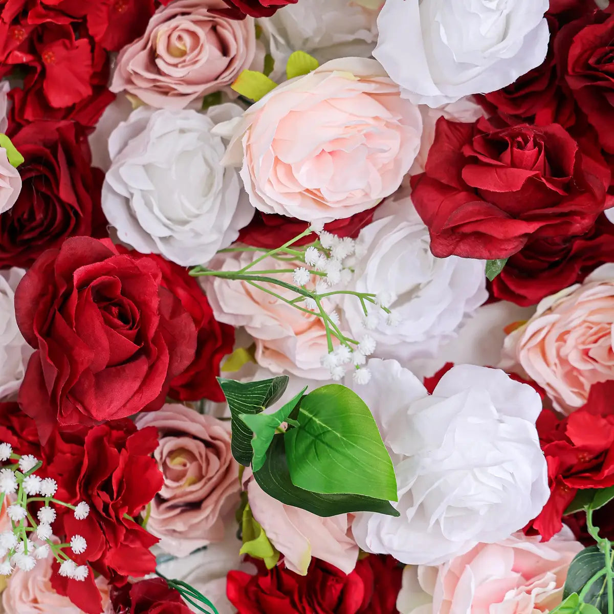 The 3D red & white rose flower wall detailed view highlights its vibrant, realistic shapes and fabric backing.