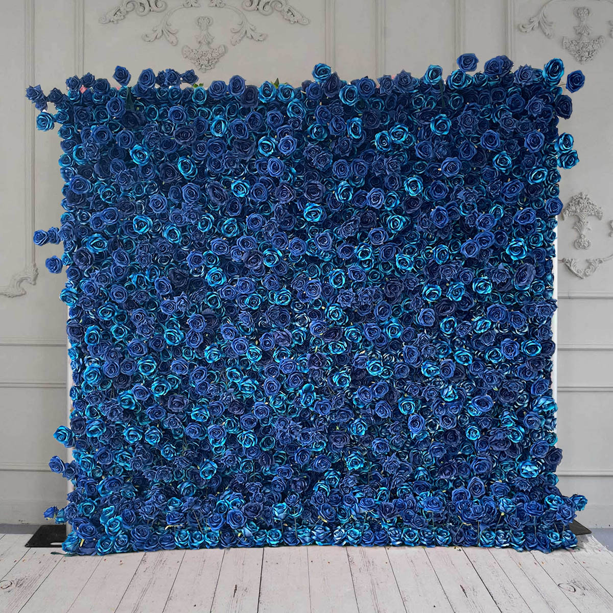 The navy blue rose flower wall features a fabric backing, ensuring lifelike shapes and vibrant colors. 