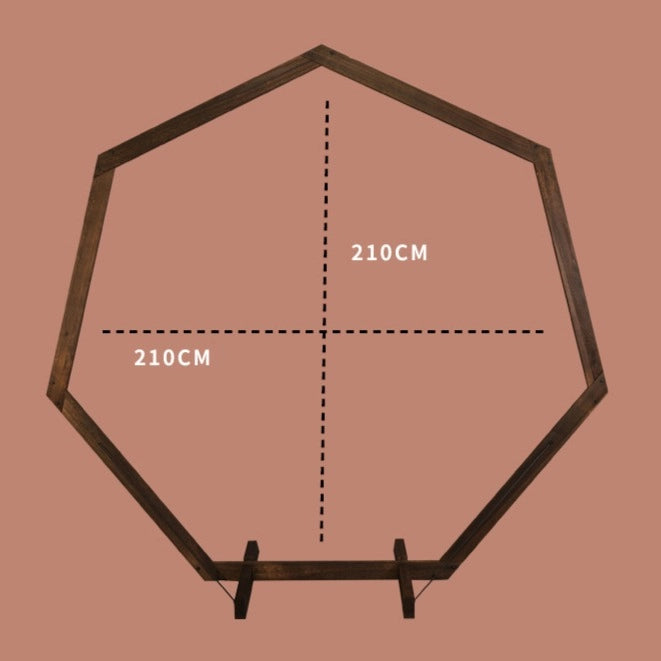 Heptagonal wooden arch, versatile for various occasions, with diverse designs.