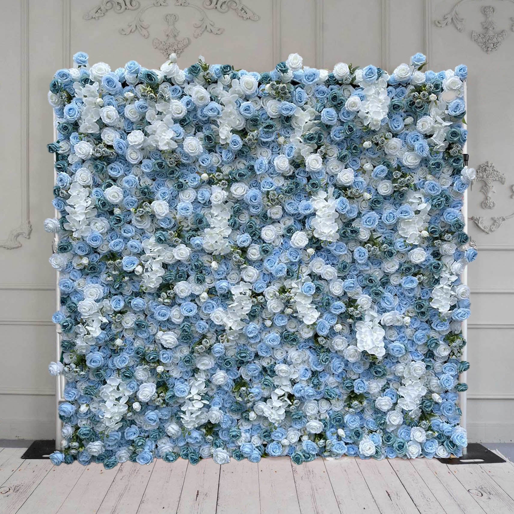 BOGO 8X8ft Flower Wall Blue White Rose Fabric Rolling Up Curtain Floral Backdrop Wedding Party Proposal Decor - KetieStory