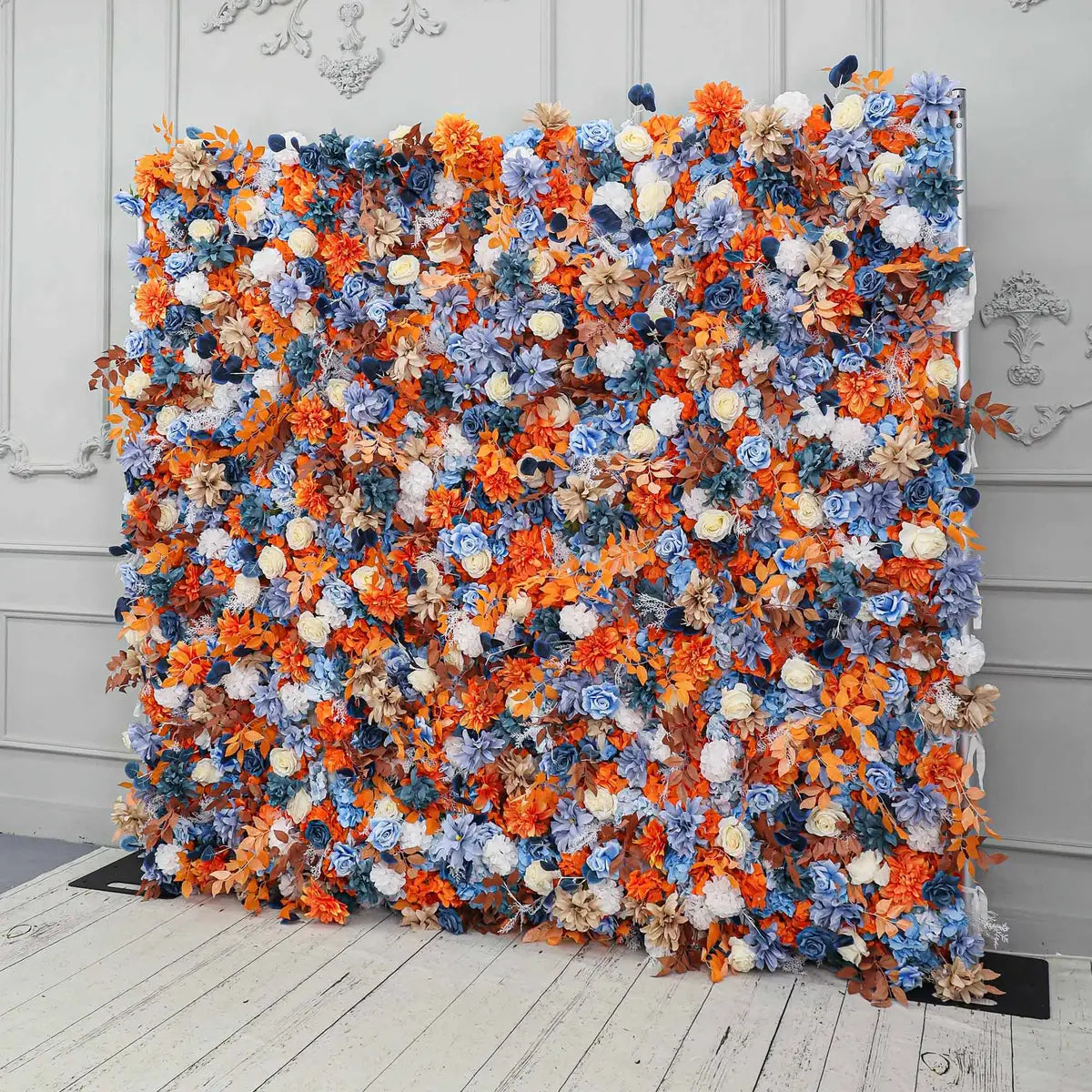 Fade-resistant and realistic, the orange blue flower wall side view features a fabric backing.