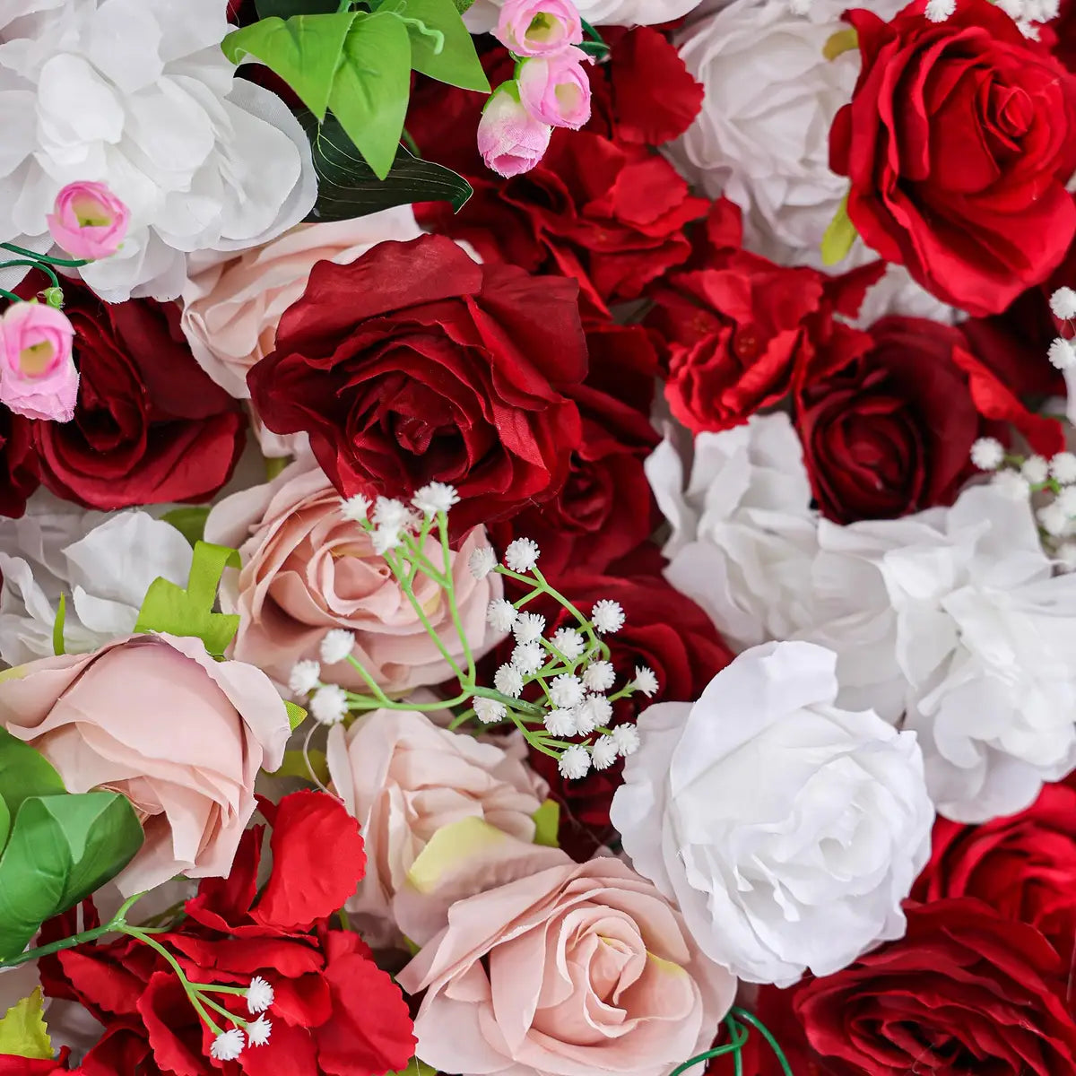 The 3D red & white rose flower wall detailed view highlights its vibrant, realistic shapes and fabric backing.