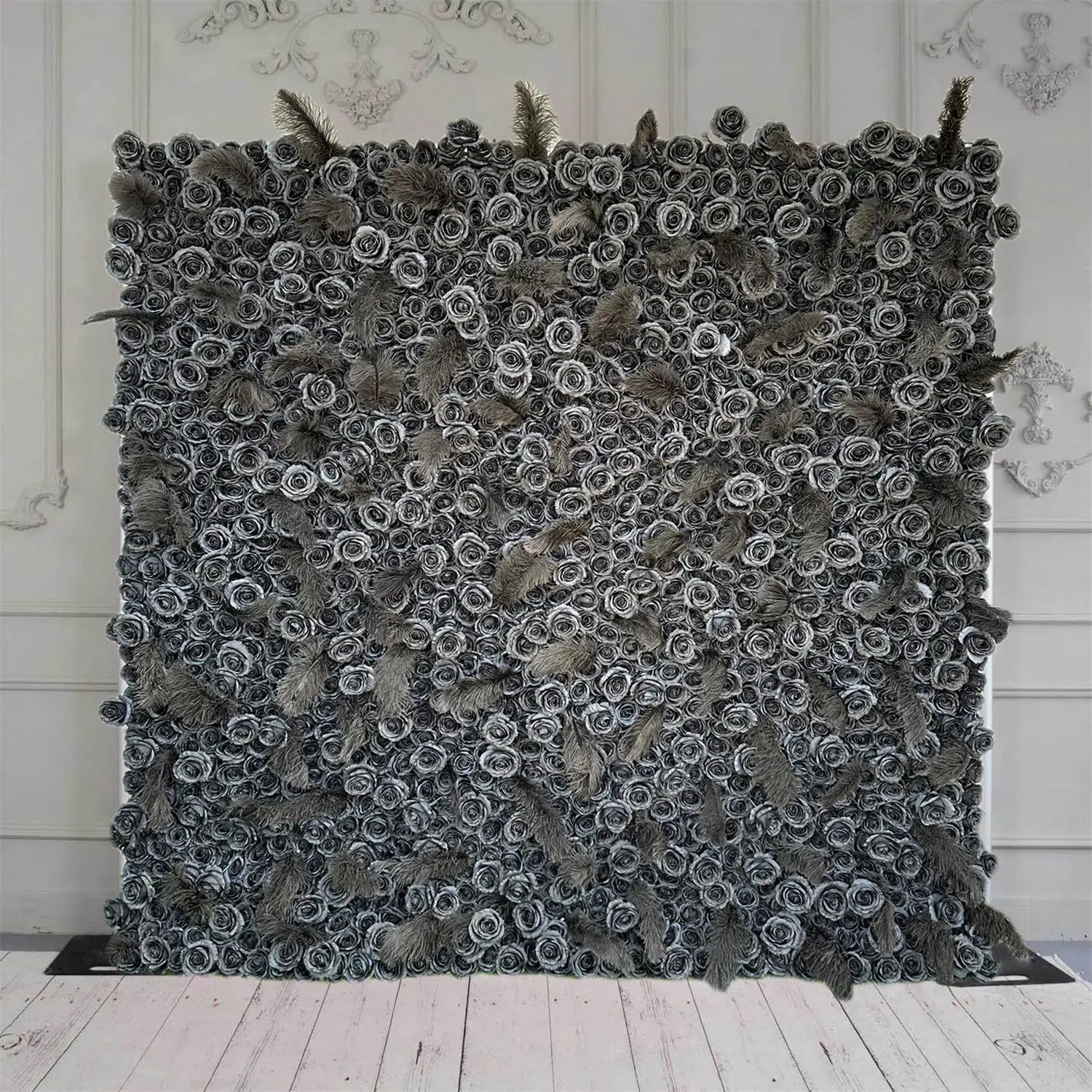 The 5D balck rose and feather flower wall features a fabric backing, ensuring lifelike shapes and vibrant colors. 