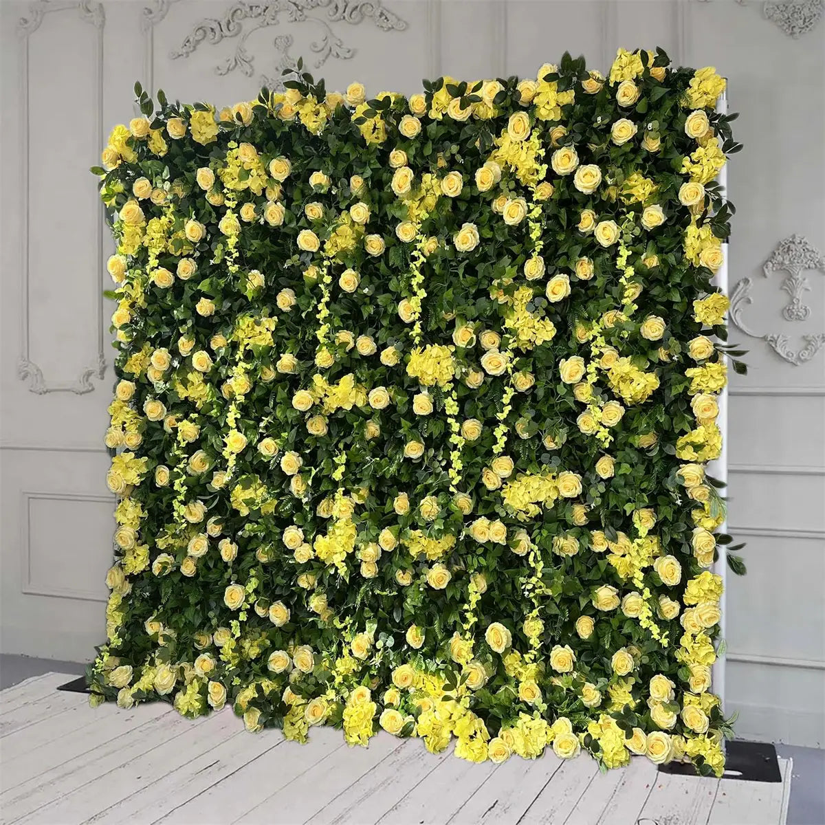 Fade-resistant and realistic, the 5D green leaves and yellow roses flower wall side view features a fabric backing.