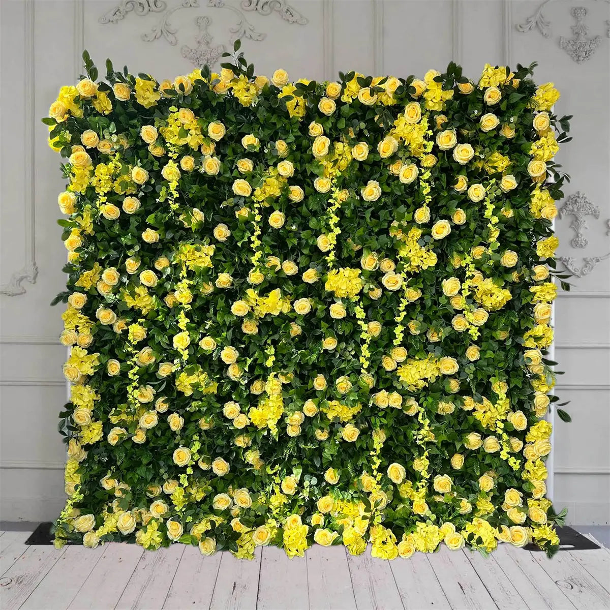 The green leaves and yellow rose flower wall features a fabric backing, ensuring lifelike shapes and vibrant colors. 