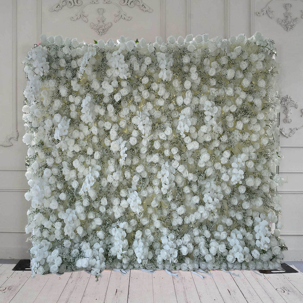 BOGO 8X8ft Flower Wall White Rose & Baby's Breath Fabric Rolling Up Curtain Floral Backdrop Wedding Party Proposal Decor - KetieStory