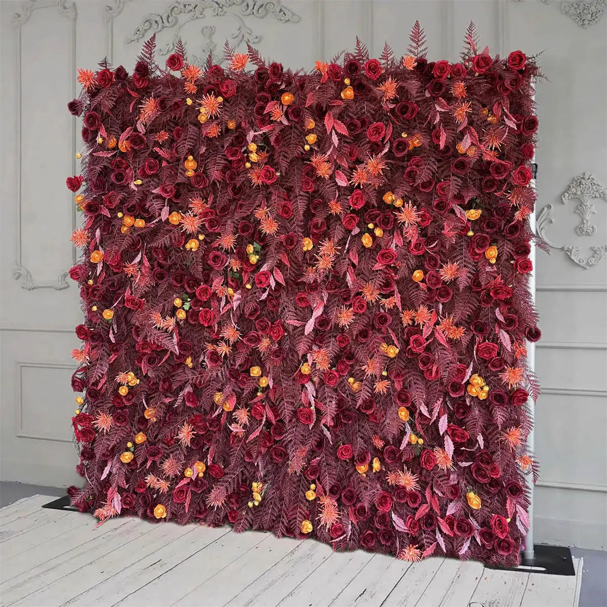 The 3D red pampas and rose flower wall side view is designed for realism and durability with a fabric backing.