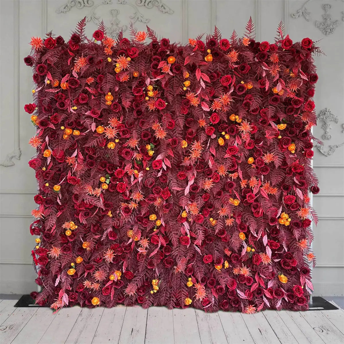 The red pampas and rose flower wall features a fabric backing, ensuring lifelike shapes and vibrant colors. 