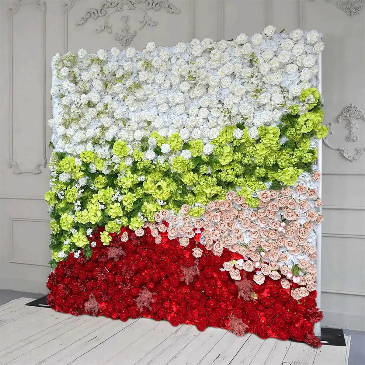 The 3D colorful irregular pattern flower wall side view is designed for realism and durability with a fabric backing.