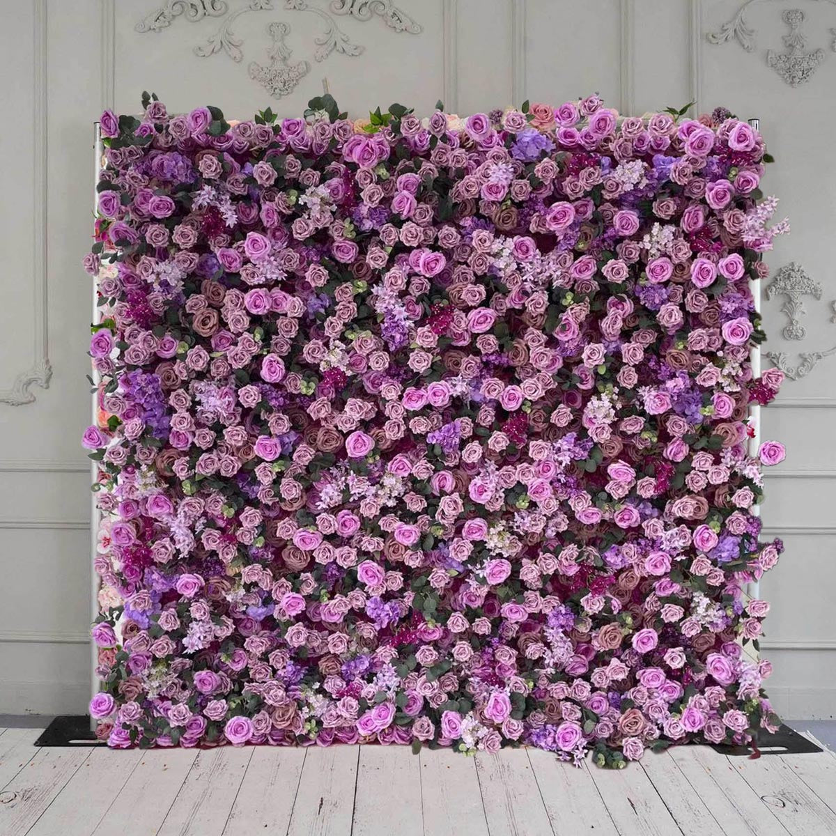 The light purple flower wall features a fabric backing, ensuring lifelike shapes and vibrant colors. 