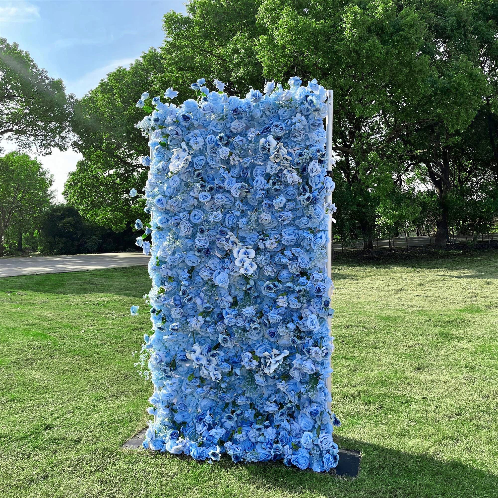 Flower Wall 5D Blue Fabric Rolling Up Curtain Floral Backdrop For Party Decor