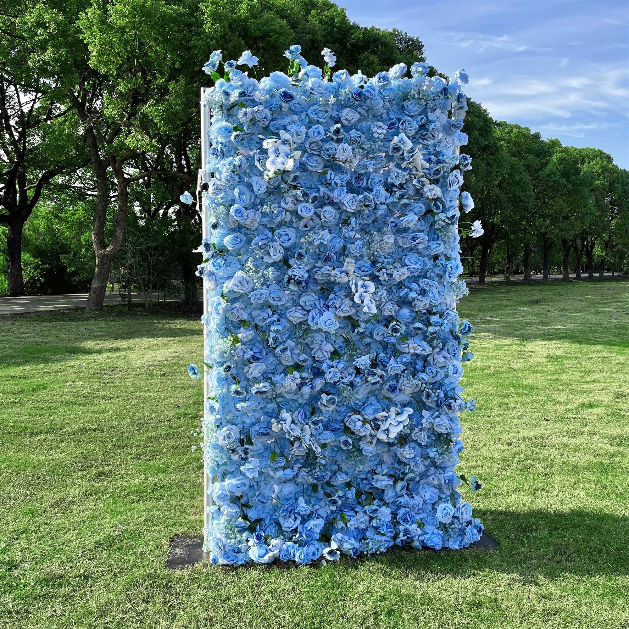 Flower Wall 5D Blue Fabric Rolling Up Curtain Floral Backdrop For Party Decor