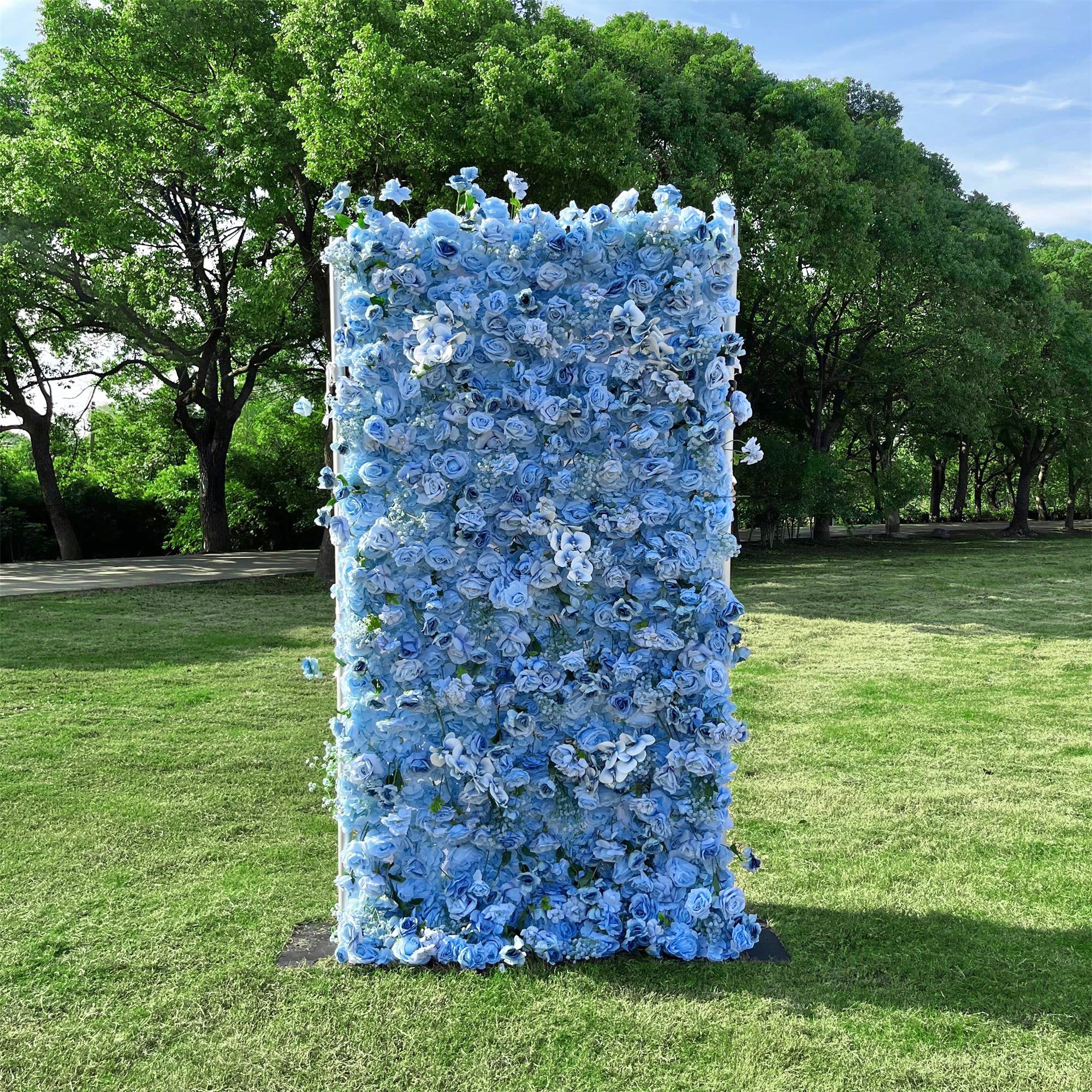 Flower Wall 5D Blue Fabric Rolling Up Curtain Floral Backdrop For Party Decor