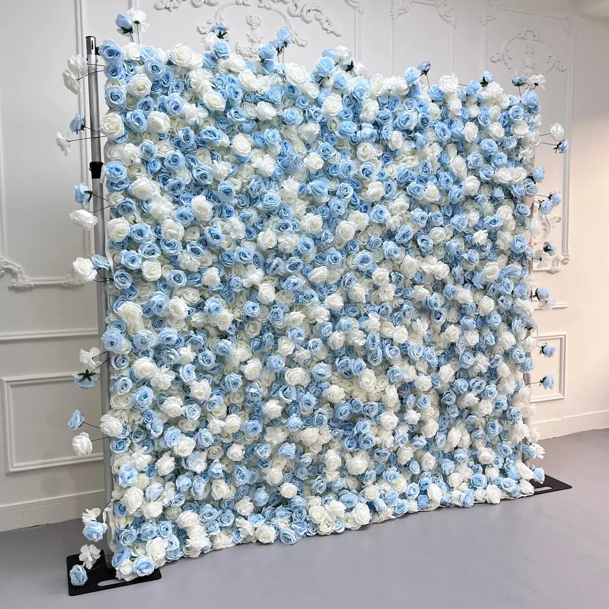 The blue flower arch's side view boasts realistic shapes and a fabric backing.