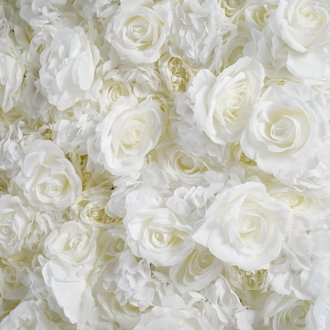 The pure white rose flower wall's detailed view highlights its vibrant, realistic shapes and fabric backing.