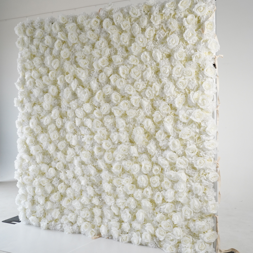 The pure white rose flower wall's side view boasts realistic shapes and a fabric backing.