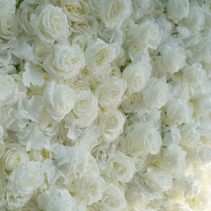 The pure white rose flower wall's detailed view highlights its vibrant, realistic shapes and fabric backing.