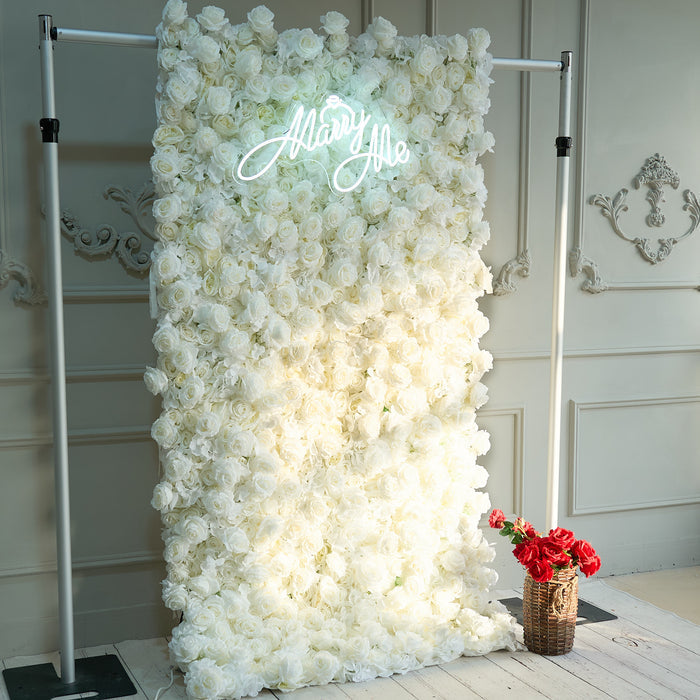 The pure white rose flower wall's side view boasts realistic shapes and a fabric backing.