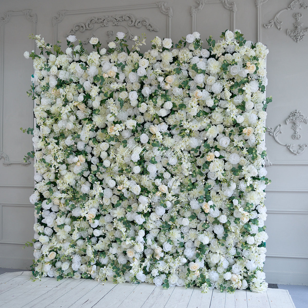 White champagne flower wall's side view boasts realistic shapes and a fabric backing