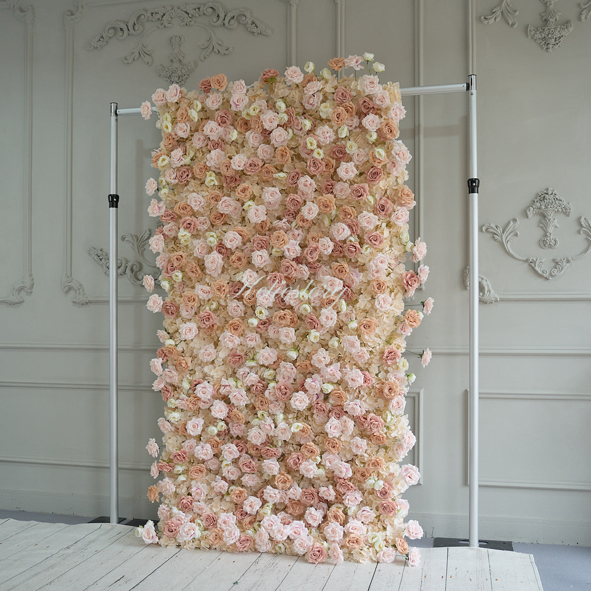 Pink coffee flower wall's side view boasts realistic shapes and a fabric backing