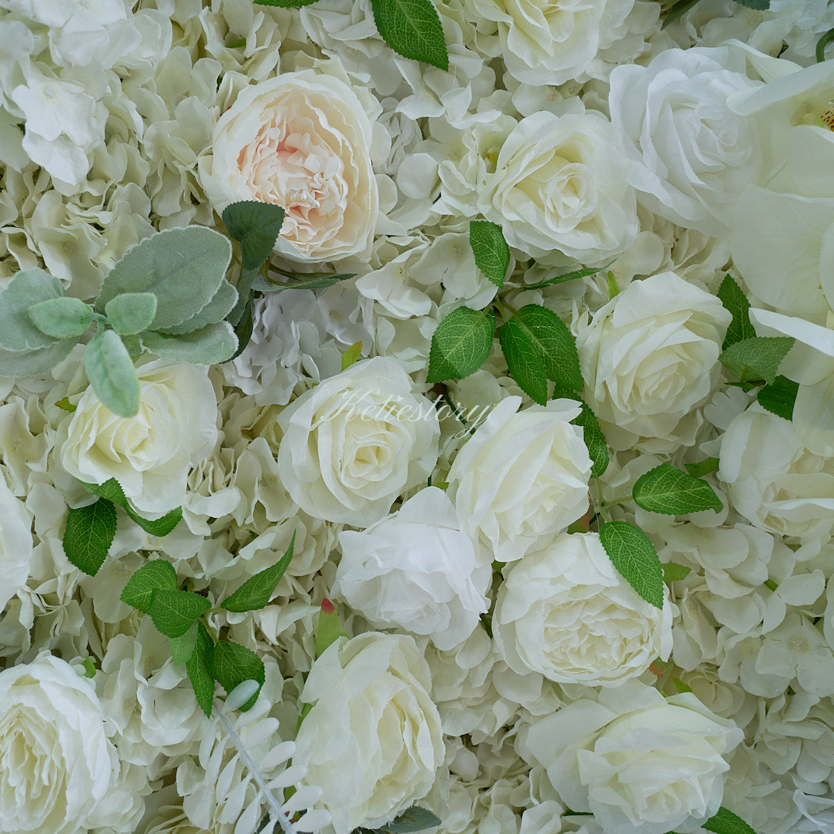 white rose flower wall's detailed view highlights its vibrant, realistic shapes and fabric backing.