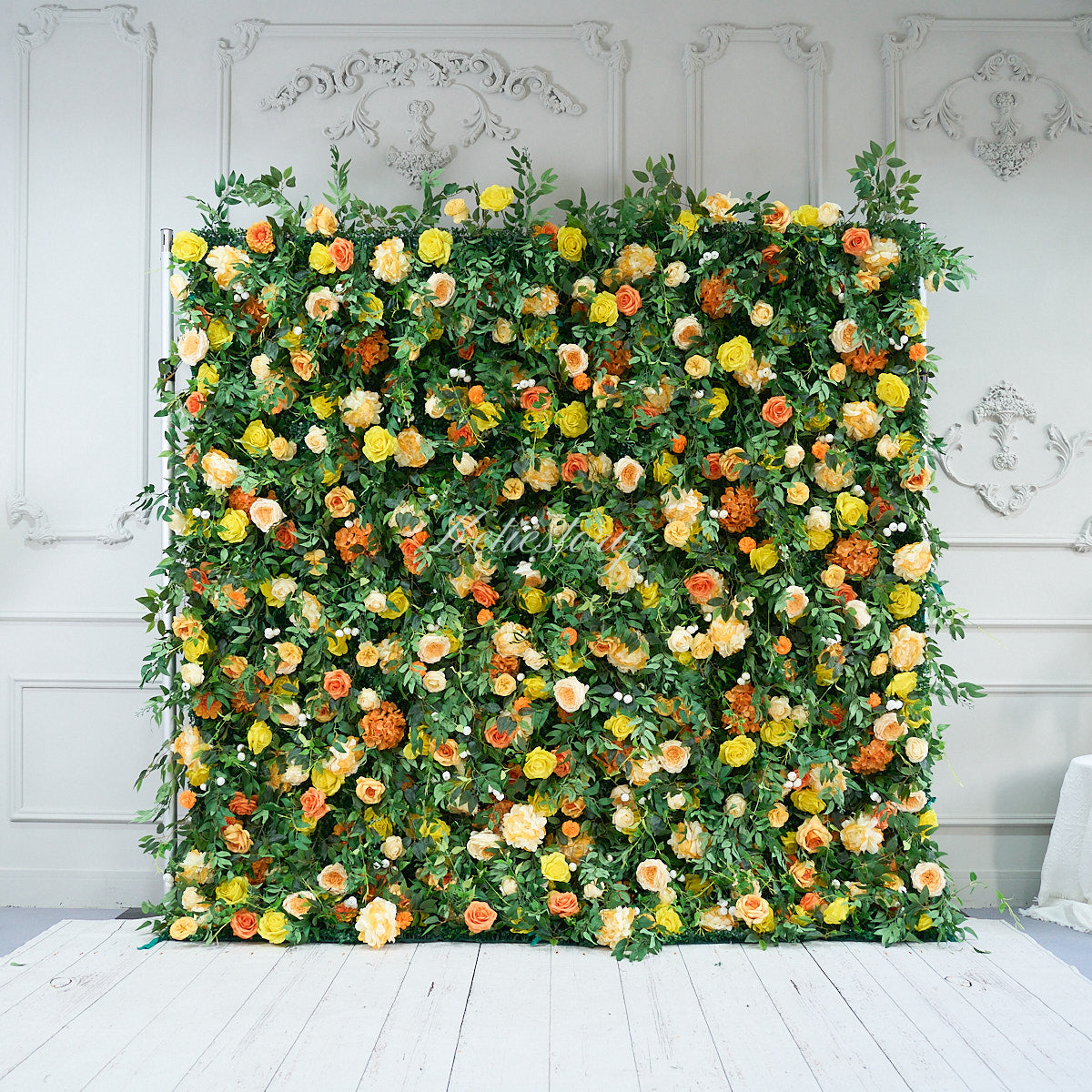 Yellow green flower wall features a fabric backing, ensuring lifelike shapes and vibrant colors. 