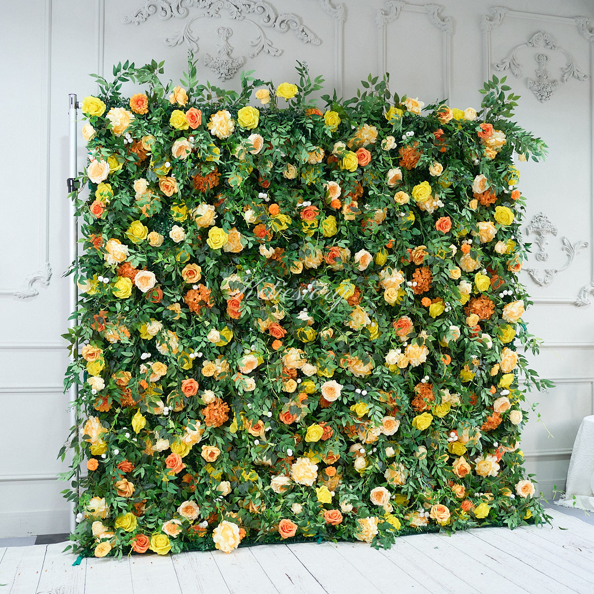 Yellow green flower wall side view is designed for realism and durability with a fabric backing.