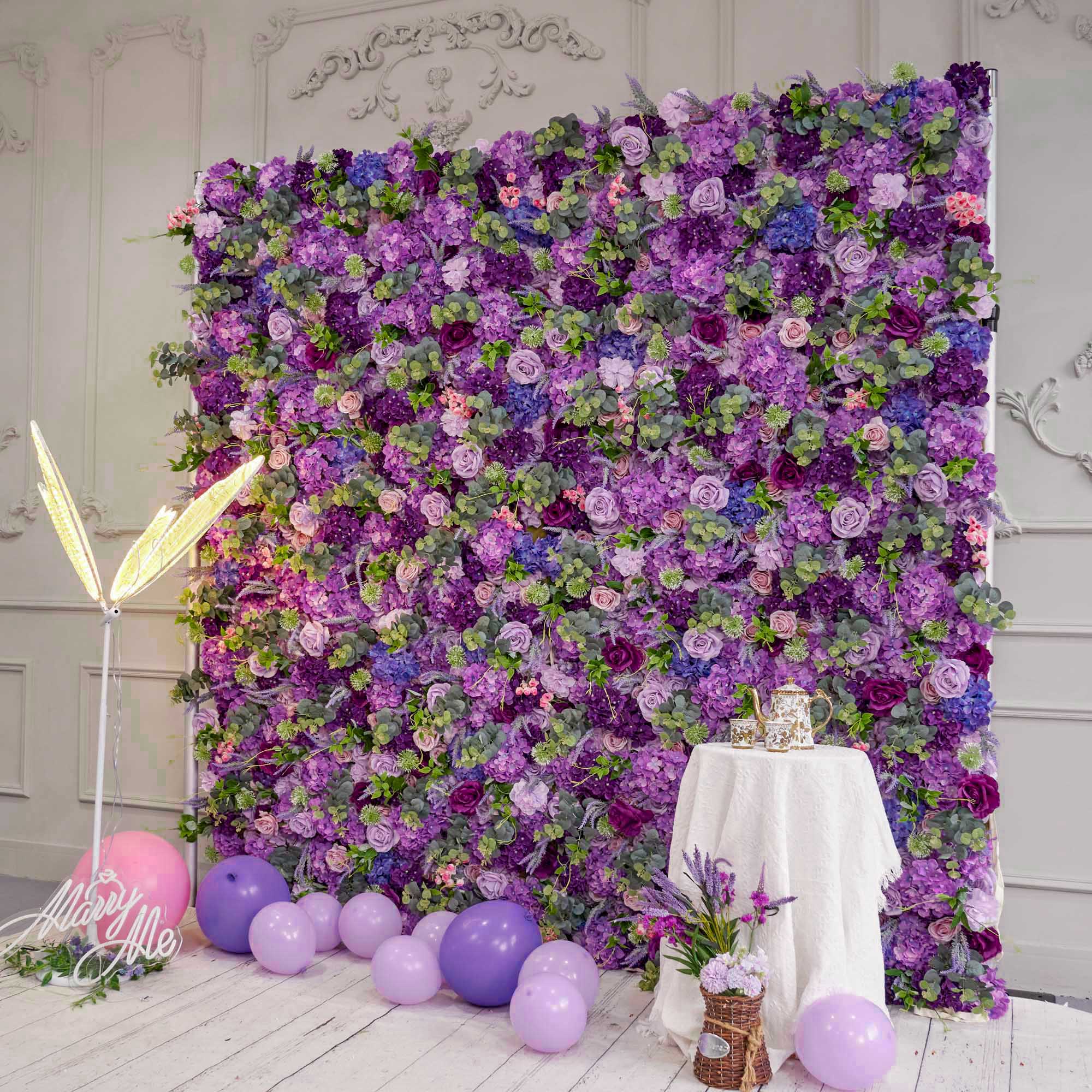 Fade-resistant and realistic, purple flower wall side view features a fabric backing.