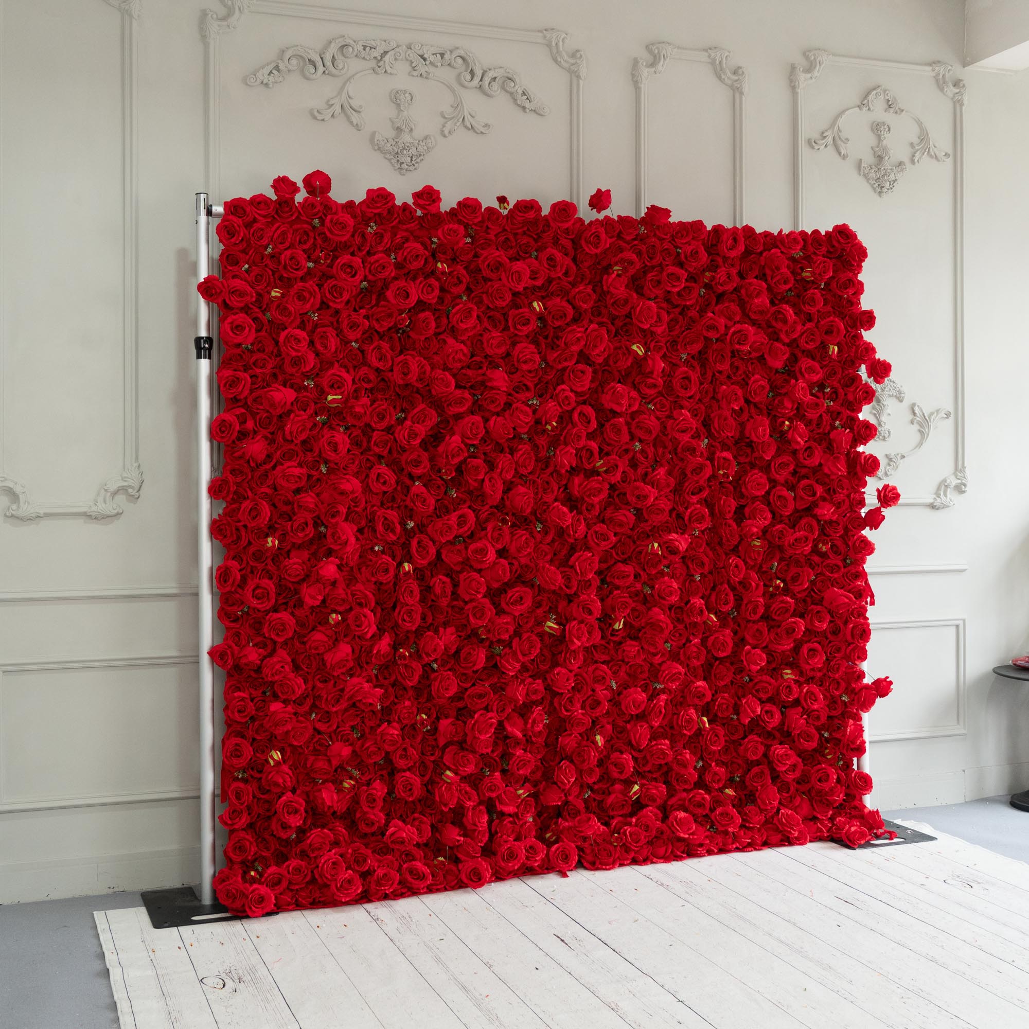 Red rose flower wall's side view boasts realistic shapes and a fabric backing