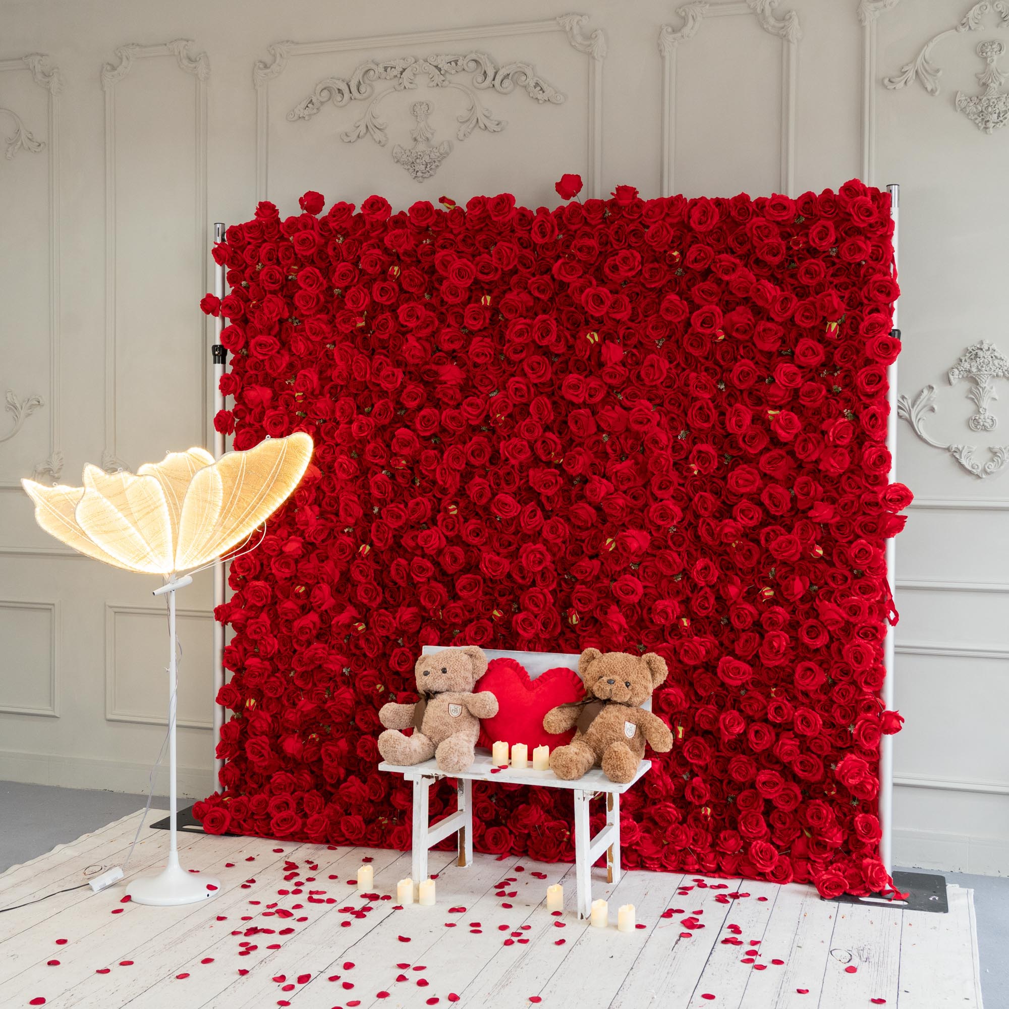 Red rose flower wall's side view boasts realistic shapes and a fabric backing