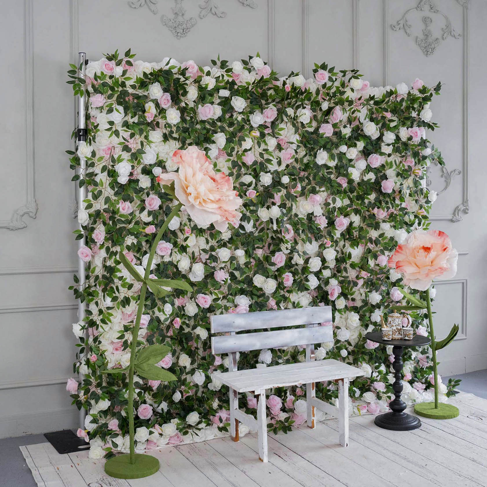 Fade-resistant and realistic, the green pink flower wall side view features a fabric backing.