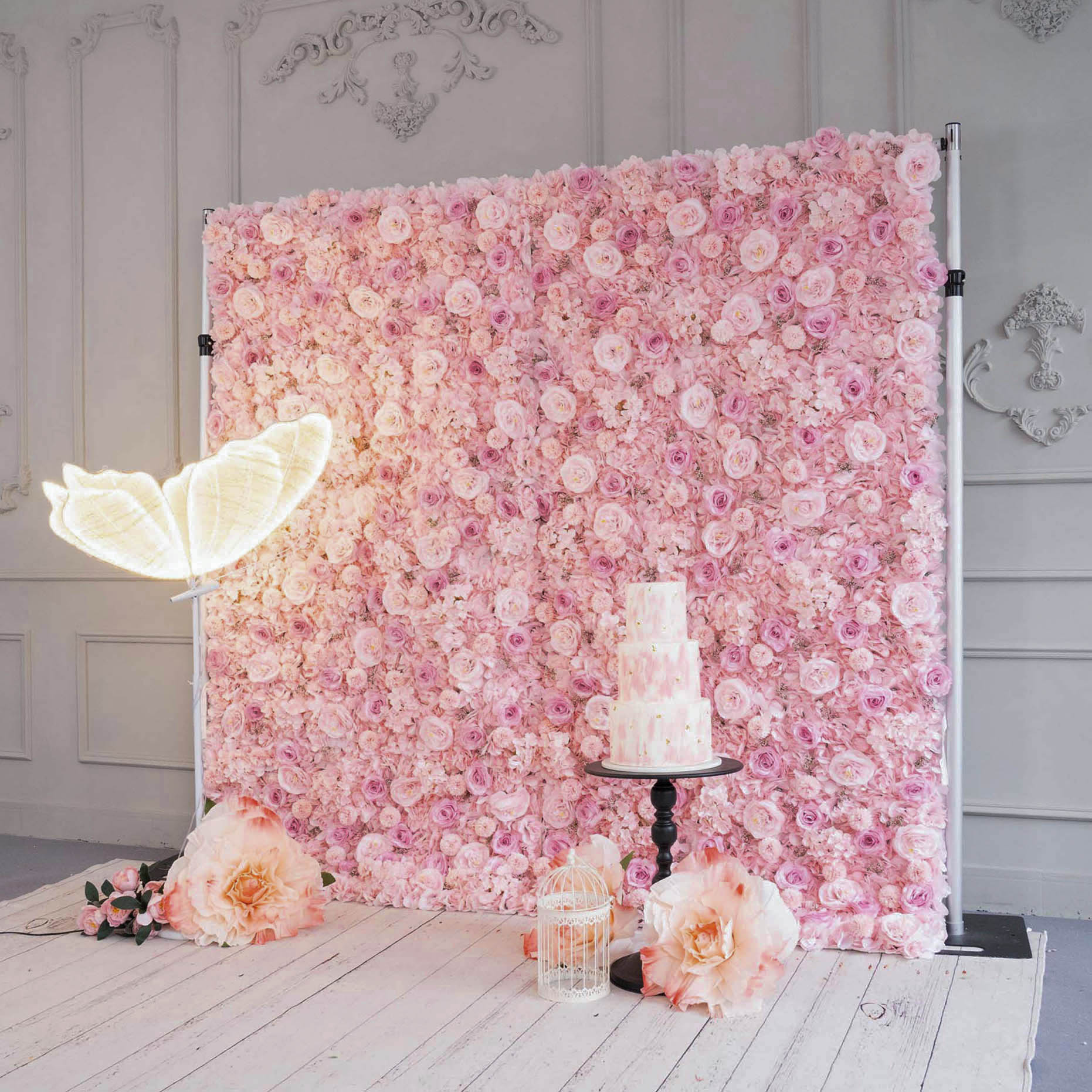 Pink flower wall side view is designed for realism and durability with a fabric backing.