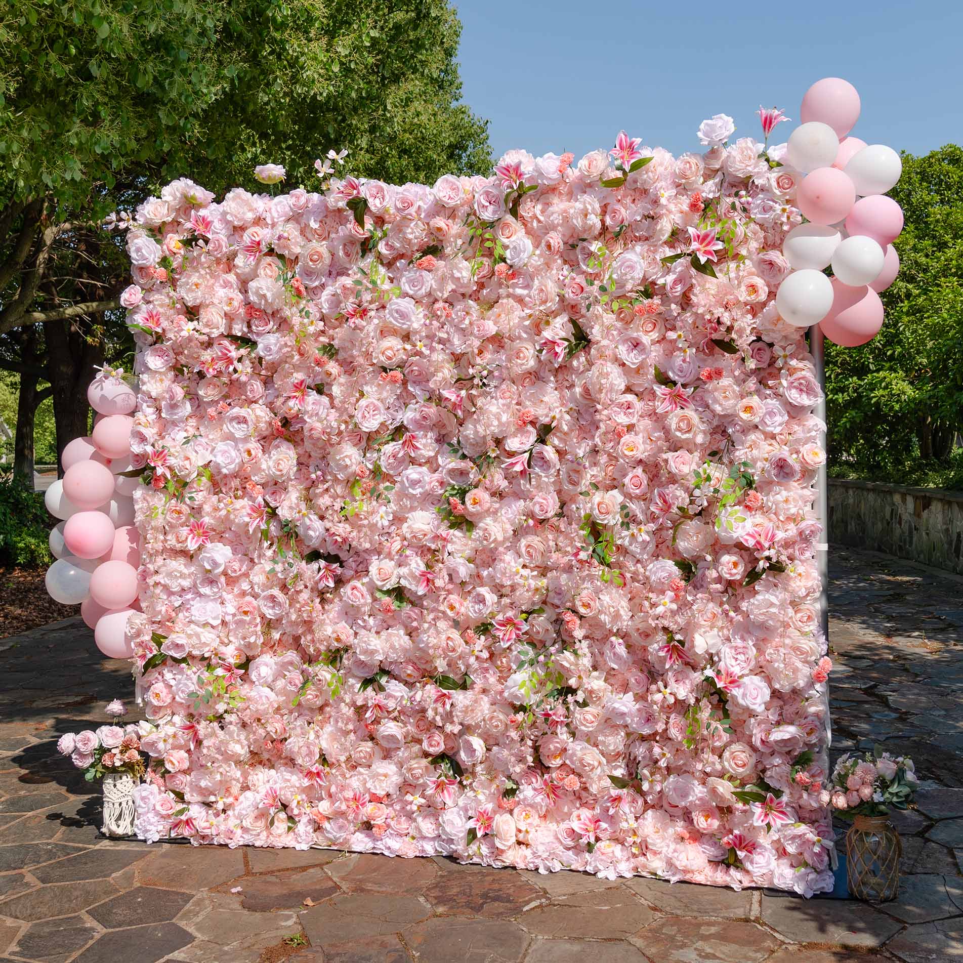 Fade-resistant and realistic, the rose pink flower wall side view features a fabric backing.