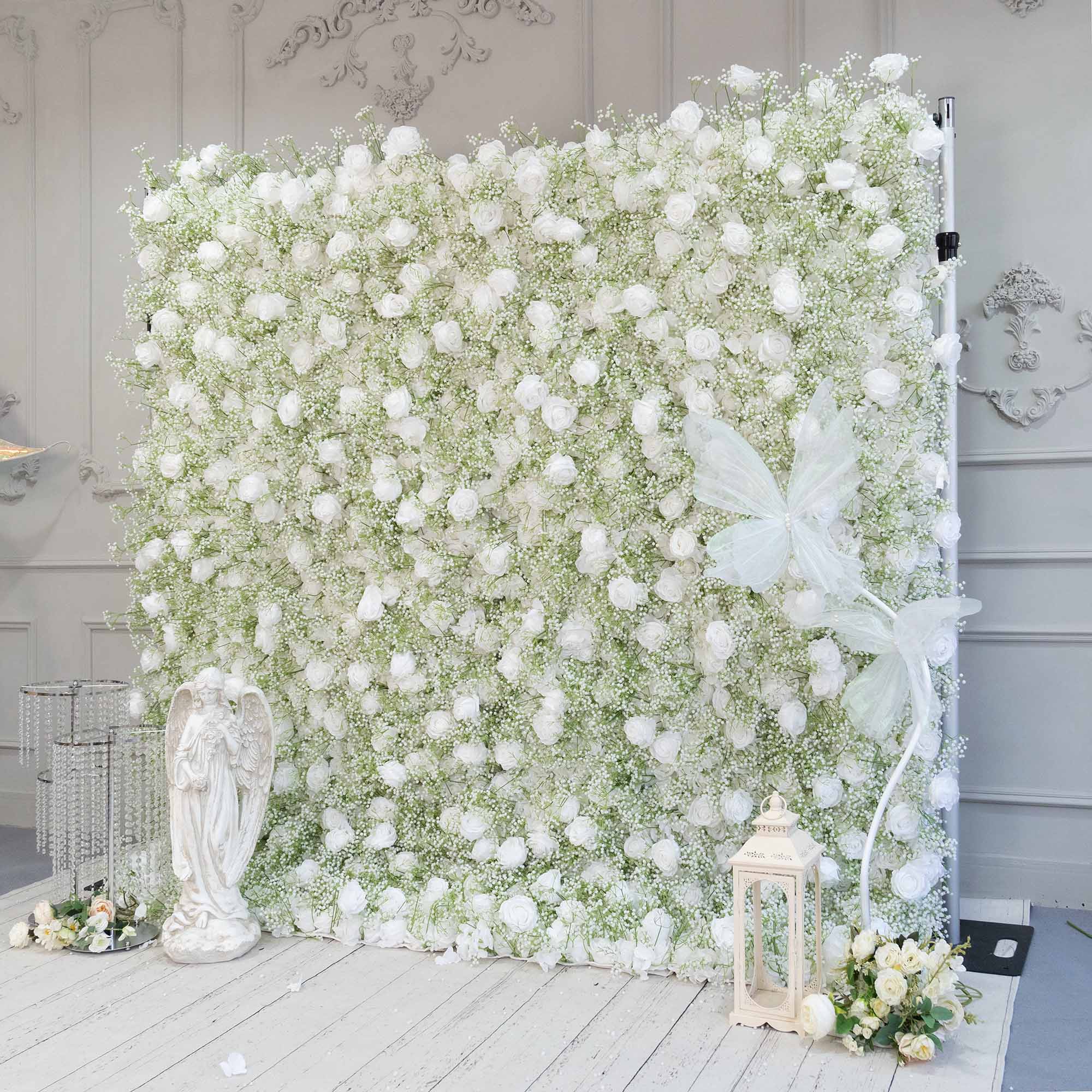 Fade-resistant and realistic, the baby's breath and white rose flower wall side view features a fabric backing.