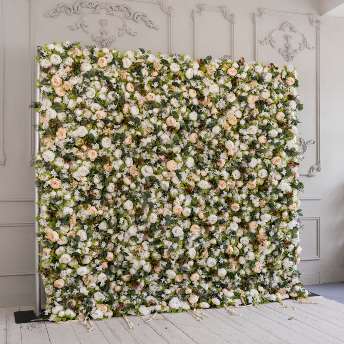 The white & light champagne peony flower wall side view is designed for realism and durability with a fabric backing.