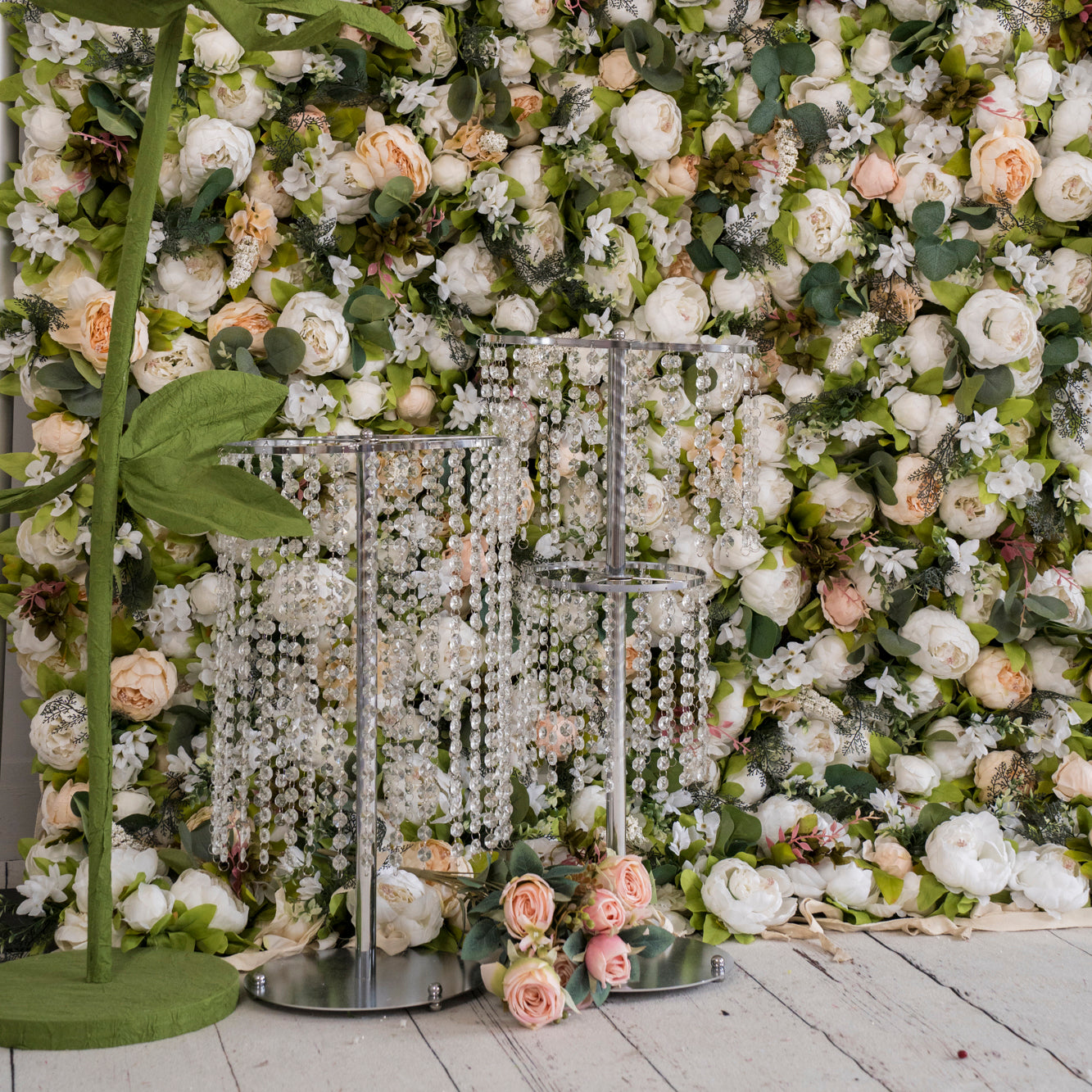 The white & light champagne peony flower wall's detailed view shows off vivid colors and a realistic fabric backing.