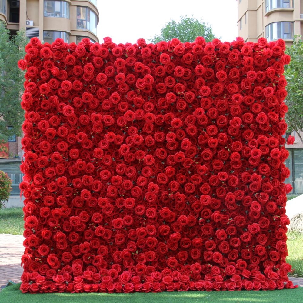 Lightning Deals: 8x8ft Flower Wall Bright Red Roses Fabric Rolling Up Curtain Floral Backdrop Wedding Party Proposal Decor - KetieStory