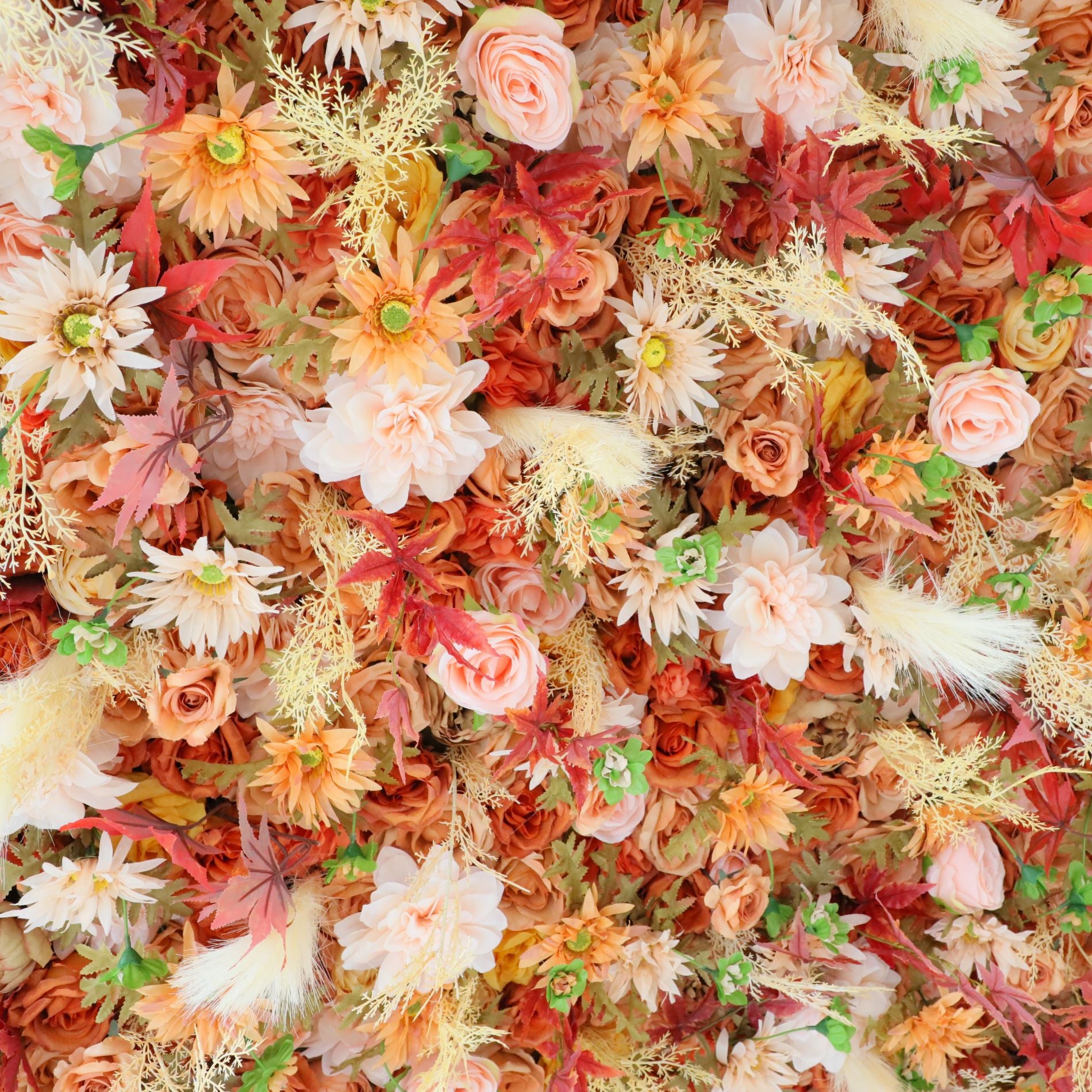 The fall orange flower wall's detailed view shows off vivid colors and a realistic fabric backing.