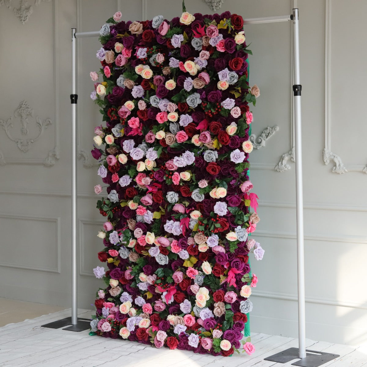 The purple roses fabric flower wall can be hung up with a shelf.