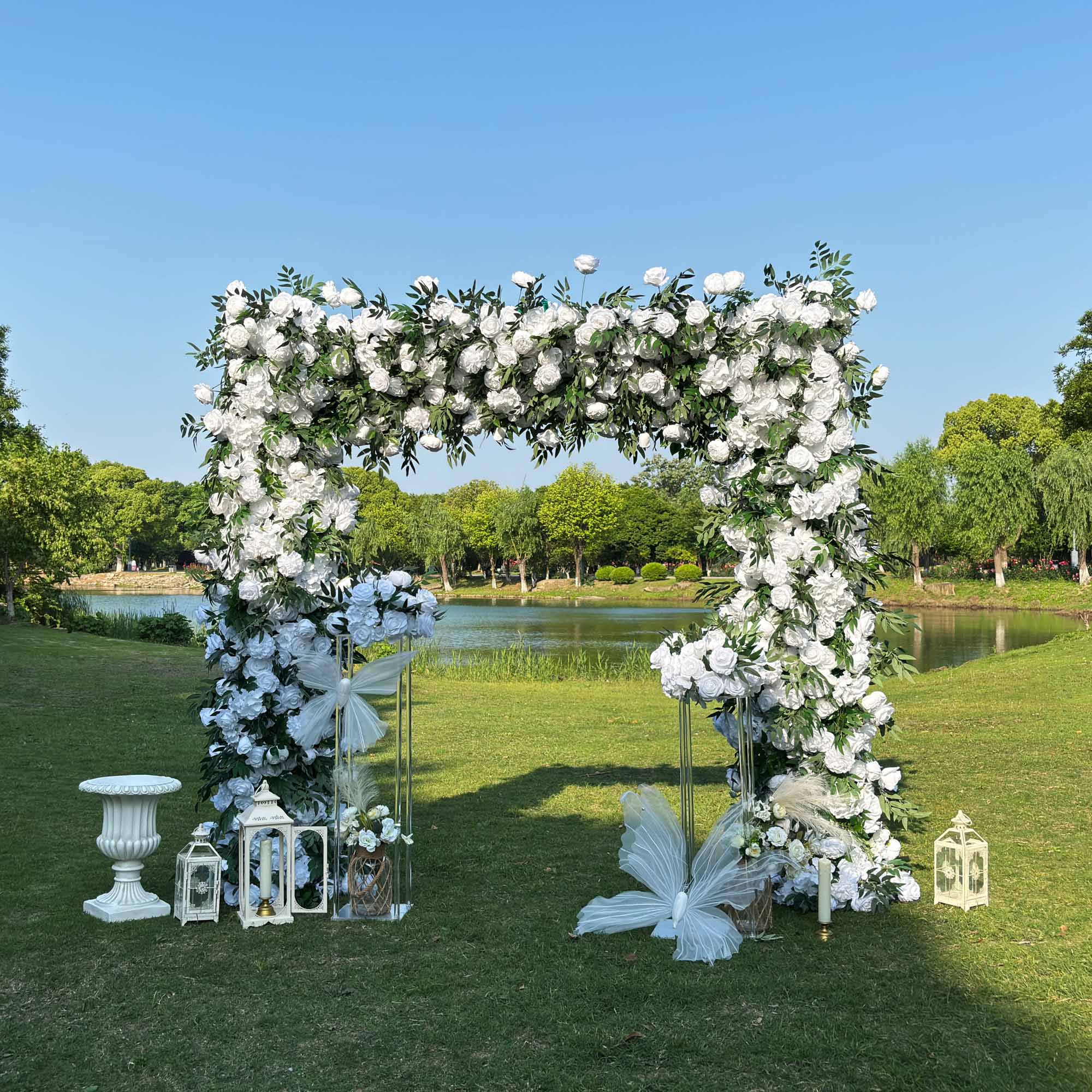 BOGO Flower Arch 8x8ft White Green Roses Florals Set Fabric Backdrop Flower Wall Proposal Wedding Party Decor - KetieStory