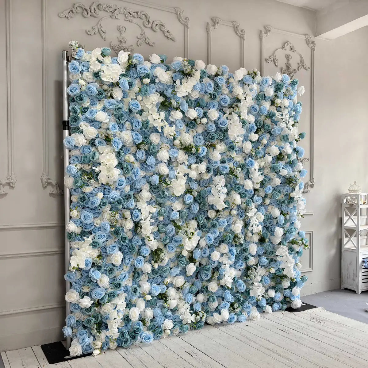 RTS Flower Wall 3D Blue White Rose Fabric Rolling Up Curtain Floral Backdrop Wedding Party Proposal Decor