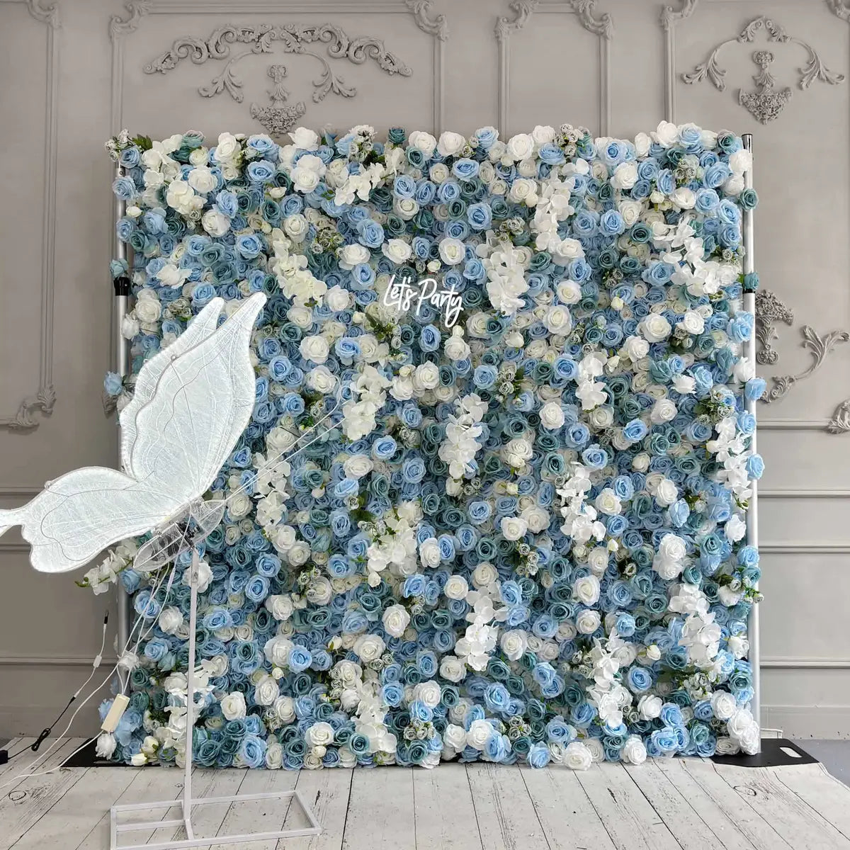 Flower Wall 3D Blue White Rose Fabric Rolling Up Curtain Floral Backdrop Wedding Party Proposal Decor