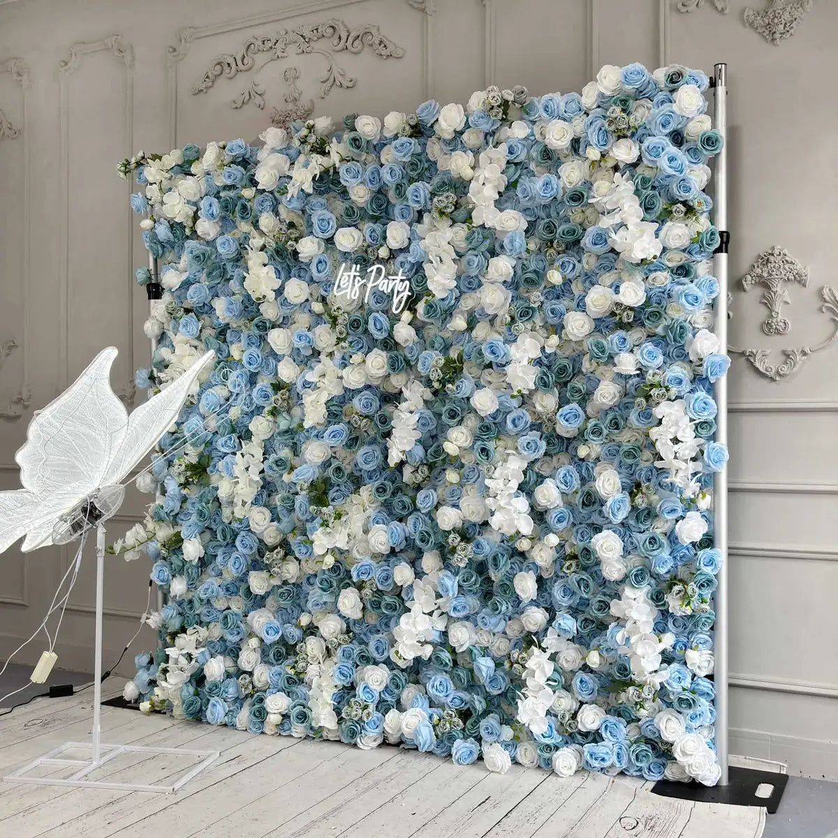 RTS Flower Wall 3D Blue White Rose Fabric Rolling Up Curtain Floral Backdrop Wedding Party Proposal Decor